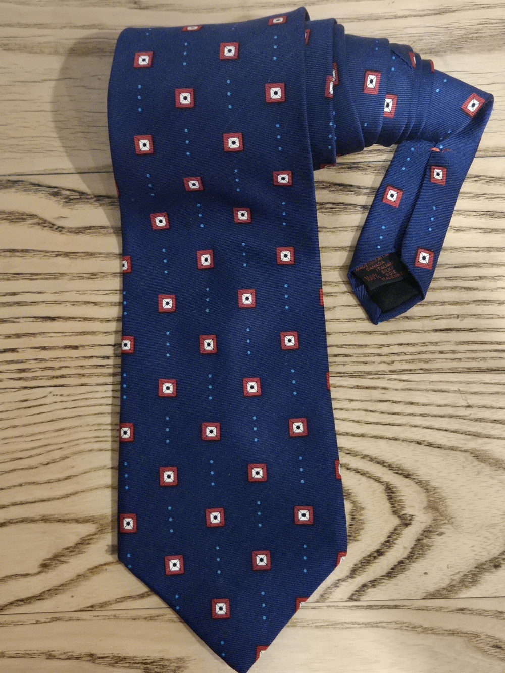 Vintage Chaps Ralph Lauren Navy Tie with Red and Light-Blue Square Motif